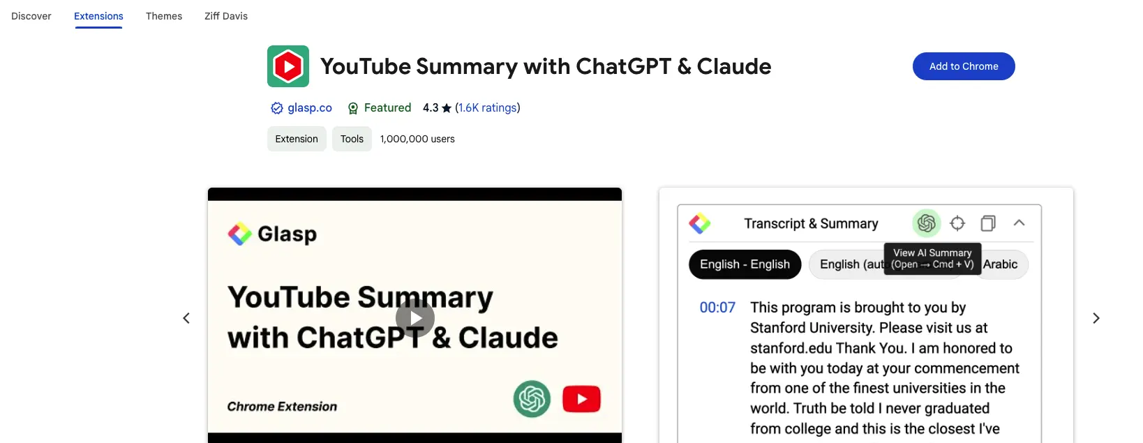 Captura de tela do resumo do YouTube com ChatGPT e extensão Claude Chrome